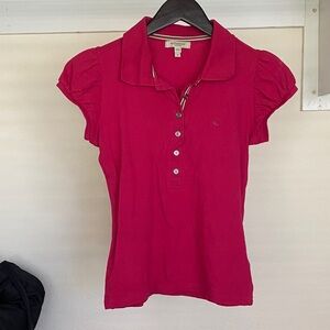 Burberry Magenta Puff Sleeve Button-Down Polo. Size S.